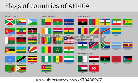 Africa flags big set. Travel agency or classroom geography poster, political map information. Flat vector illustration on gray background