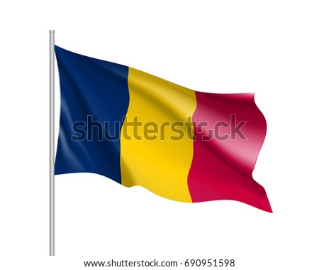 Chad flag. Illustration of African country waving flag on flagpole. Vector 3d icon isolated on white background. Realistic illustration