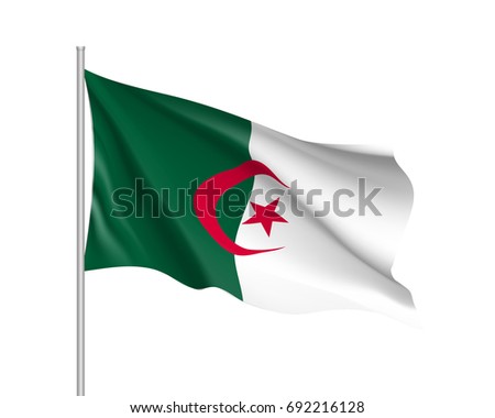 Algeria flag. Illustration of African country waving flag on flagpole. Vector 3d icon isolated on white background. Realistic illustration