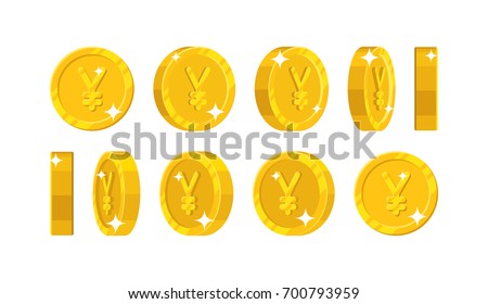 Gold Chinese yuan or Japanese yen views cartoon style isolated. The gold yuan or yen is at different angles around its axis for designers and illustrators. Rotation of a gold coin vector illustration