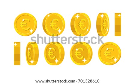 Gold euro views cartoon style isolated. The gold euro is at different angles around its axis for designers and illustrators. Rotation of a gold coin in the form of a vector illustration