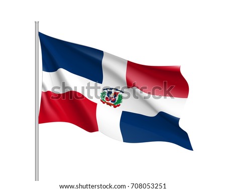 Waving flag of Dominican. Illustration of North America country flag on flagpole. 3d vector icon isolated on white background
