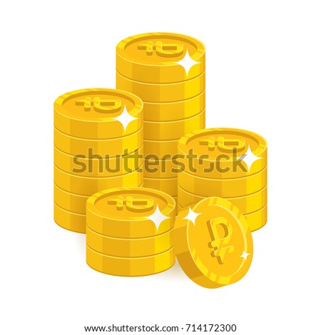 Stack gold rubles isolated cartoon. Bunches of gold rubles and ruble signs for designers and illustrators. Gold stacks of pieces in the form of a vector illustration