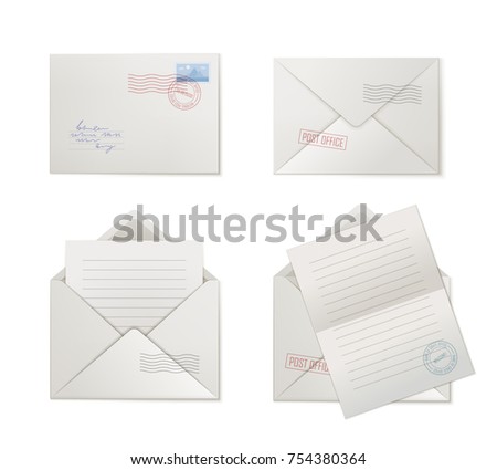 Steps opening envelope, set. Cover and letter at different stages of handling correspondence. Vector illustration of sequential opening a packet