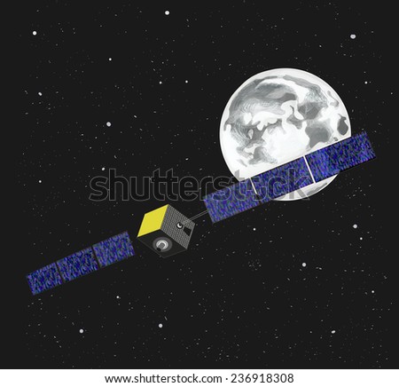 Outer space. Illustration with Moon, satellite and stars on dark background.