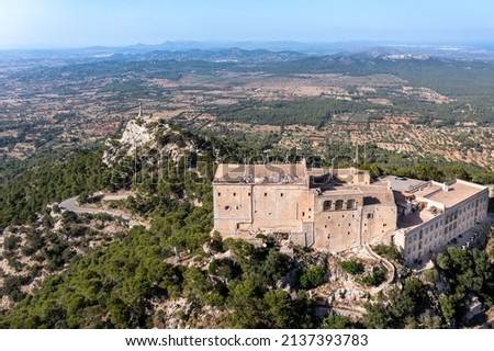 Aerial view of Santuari de Sant Salvador monastery, Puig de Sant Salvador, near Felanitx, Migjorn region, Mallorca, Balearic Islands, Spain Photo stock © 