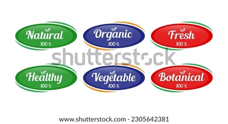 Set of Vegan, eco, bio, organic, fresh, healthy, 100 percent, natural food. Natural product. Collection of emblem, badges, tags, packaging. Vector illustration.