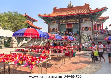 BANGKOK - FEB , 3 - The Chinese temple is crowned . Many people come here to give offering for goddess in Chinese new year festival . THAILAND FEB , 3 2015