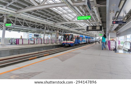 BANGKOK - JULY,7: BTS Skytrain is arriving the station that is an elevated rapid transit system in Bangkok.The system consists of 32 stations along two lines.THAILAND JULY,7 2015