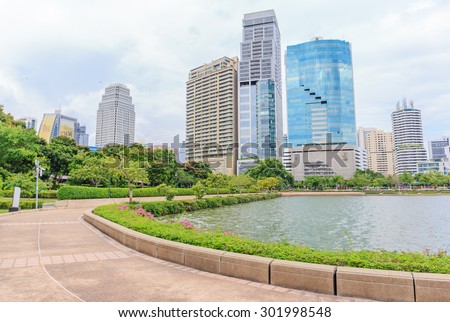 BANGKOK - AUG,1 : Cityscape of Benjakitti park city downtown.Benjakitti Park is located in the heart of Bangkok near business area and hotel . Water cycle in swan shape are nice .THAILAND AUG,1 2015