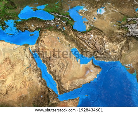 Physical map of Middle East. Geography of Arabian Peninsula. Detailed flat view of the Planet Earth and its landforms. 3D illustration - Elements of this image furnished by NASA