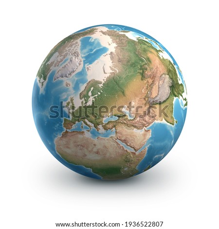 Planet Earth globe, isolated on white. Geography of the world from space, focused on Europe and Asia - 3D illustration, elements of this image furnished by NASA.