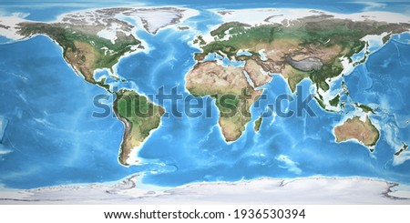 Physical map of the World, with high resolution details. Flattened satellite view of Planet Earth, its geography and topography. 3D illustration - Elements of this image furnished by NASA