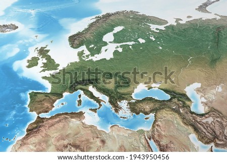 Physical map of Western Europe, with high resolution details. Flattened satellite view of Planet Earth, its geography and topography. 3D illustration - Elements of this image furnished by NASA 商業照片 © 