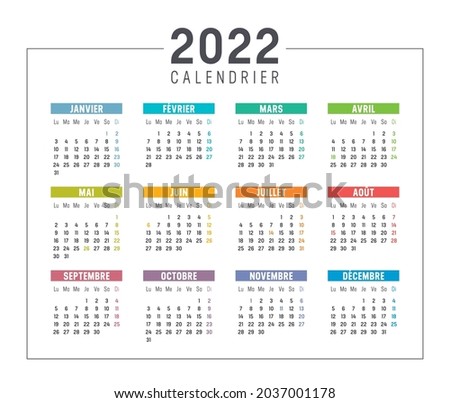Colorful year 2022 calendar, in French language isolated on white background. Vector template.