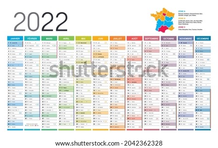 Year 2022 colorful wall calendar, in French language, on white background. Vector template