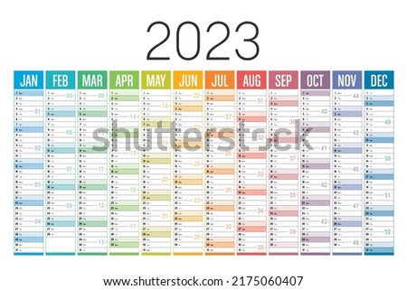 Year 2023 colorful calendar on white background. Vector template.