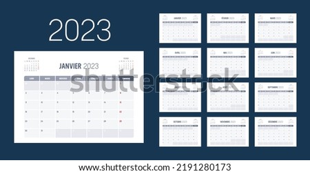 Year 2023 monthly calendar, in French language. Vector template.