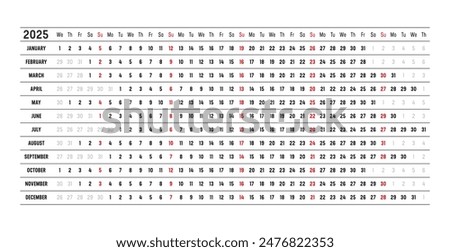 Year 2025 wall calendar with aligned dates, in English. One page timeline, linear and horizontal