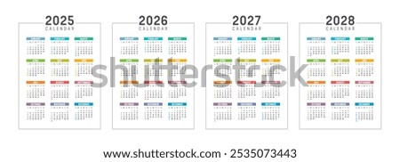 Colorful USA calendar set, year 2025 2026 2027 2028 planner, white background english language