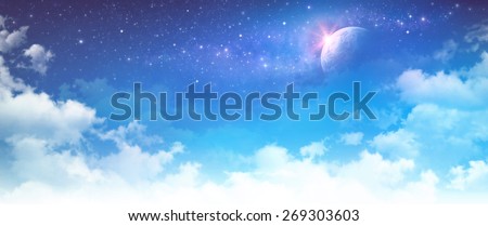 Starscape. High resolution cloudy sky background. Star field and planet in deep space.