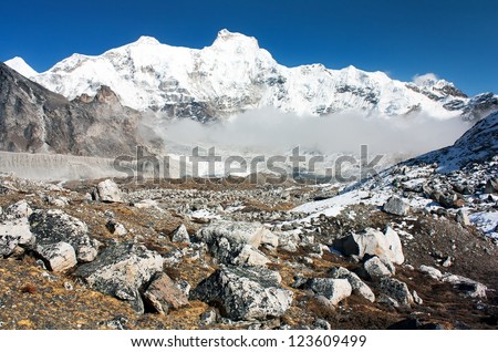 hungchhi peak and Chumbu peak above Ngozumba glacier from Cho Oyu base camp - trek to Everest base camp - Nepal