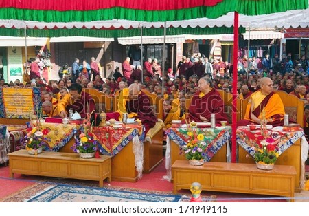 Nepal, Kathmandu,  Boudhanath stupa -17th of December 2013: meditation of Tibetan Buddhist Monks during festival