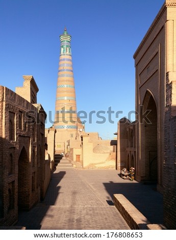 Islom hoja (Islam Xoja) minaret in Itchan Kala (Ichon Qala) - Khiva (Chiva, Heva, Xiva, Chiwa, Khiveh) - Xorazm Province - Uzbekistan - Town on the silk road