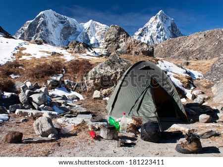Camping site with tent near the Everest base camp - Trek to Everest base camp - Nepal