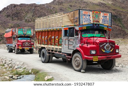 INDIA, LADAKH, CIRCA SEPTEMBER 2013 - Colorful truck brand TATA in Indian Himalayas - Ladakh - Jammu and Kashmir.
