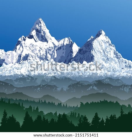 Great Himalayan range, Himalayas mountains vector illustration, snowcapped white and blue colored mountain with woodland