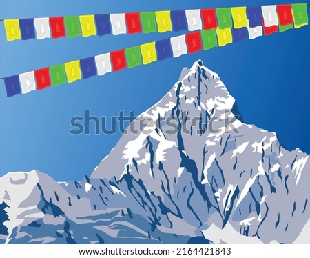 vector illustration of mount Machapuchare or Machhapuchhare and biddhist prayer flags, Annapurna range, Nepal Himalaya mountains