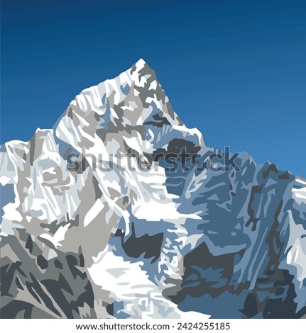 Mount Nuptse mountain vector illustration, Nepal Himalayas mountains, View from Mt Kala Patthar