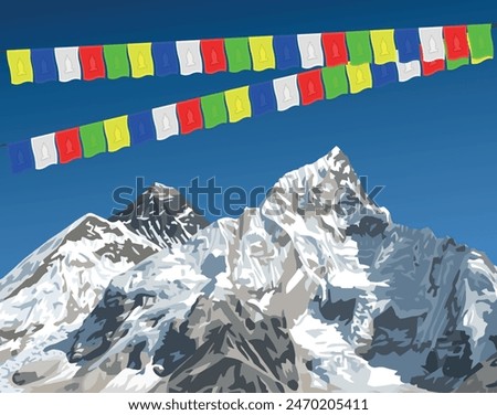 mount Everest and Nuptse peak with prayer flags as seen from Kala Patthar, vector illustration, Mt Everest 8,848 m, Khumbu valley, Sagarmatha national park, Nepal Himalayas mountains