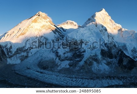 View of Mount Everest, Lhotse and Nuptse from Pumo Ri base camp - way to Mount Everest base camp - Nepal