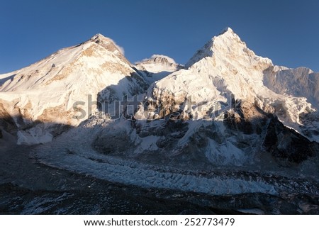 Panoramic view of Mount Everest, Lhotse and Nuptse from Pumo Ri base camp - way to Mount Everest base camp Sagarmatha national park - Nepal