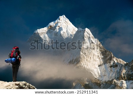 Evening view of Ama Dablam with tourist - way to mount Everest base camp - Sagarmatha national park - Nepal