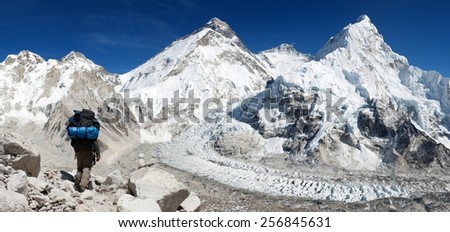 view of Everest from Pumo Ri base camp with tourist on the way to Everest - Nepal