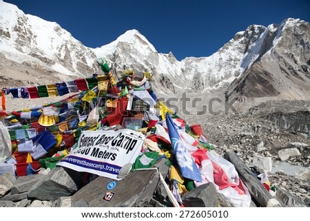 EVEREST BASE CAMP, NEPAL, 14th NOVEMBER 2014 - view from Mount Everest base camp with rows of buddhist prayer flags - sagarmatha national park, way to Everest base camp - Nepal