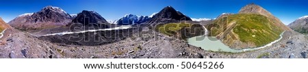 panoramic view of masej valley and masej rock face - altai mountains russia