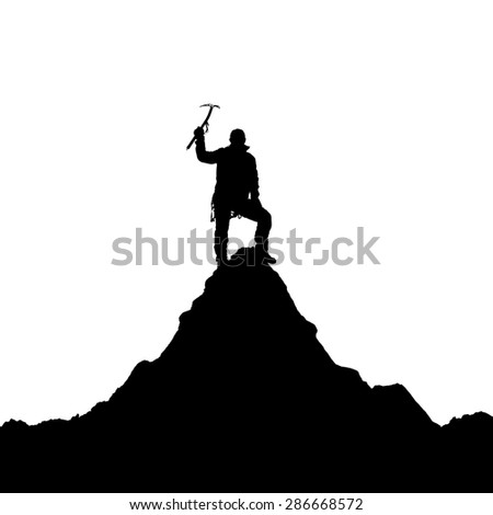 black silhouette of climber with ice axe in hand on staying on silhouette of mount Ama Dablam on white background