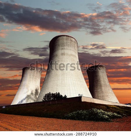 Evening colored view of cooling tower - Nuclear power plant Dukovany