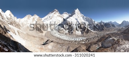 Beautiful view of mount Everest, Lhotse and nuptse from Pumo Ri base camp - way to Everest base camp, Khumbu valley, Sagarmatha national park, Nepal