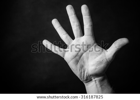 Open hand isolated black and white.