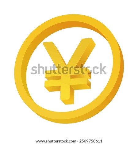 Golden 3D shape of Yen Japan currency logo in a ring circle. Embossed Yen Japan icon.