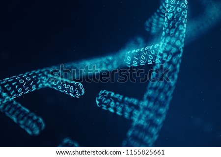 Digital DNA molecule, structure. Concept binary code human genome. DNA molecule with modified genes. 3D illustration 商業照片 © 