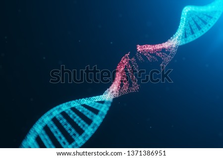 3D illustration Virus DNA molecule, structure. Concept destroyed code human genome. Damage DNA molecule. Helix consisting particle, dots. DNA destruction due to gene mutation or experiment. 商業照片 © 