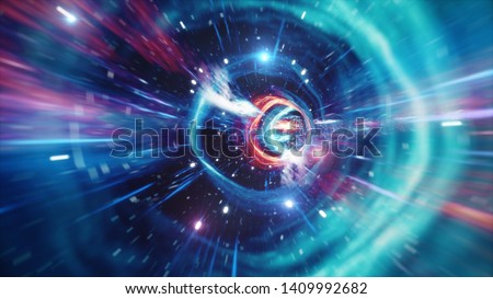Travel through a wormhole through time and space filled with millions of stars and nebulae. Wormhole space deformation, science fiction. Black hole. Vortex hyperspace tunnel. 3D illustration Photo stock © 