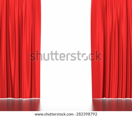 Open red silk curtains for theater and cinema with a white background. 3d illustration High resolution