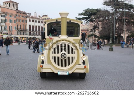 VERONA, ITALY - MARCH 17: A city sightseeing bus at Piazza Bra on March 17, 2015 in Verona.